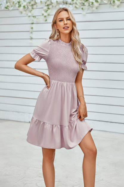Solid Puff Sleeve Shirred Detail Ruffle Hem Dress - Tigbul's Variety Fashion Shop