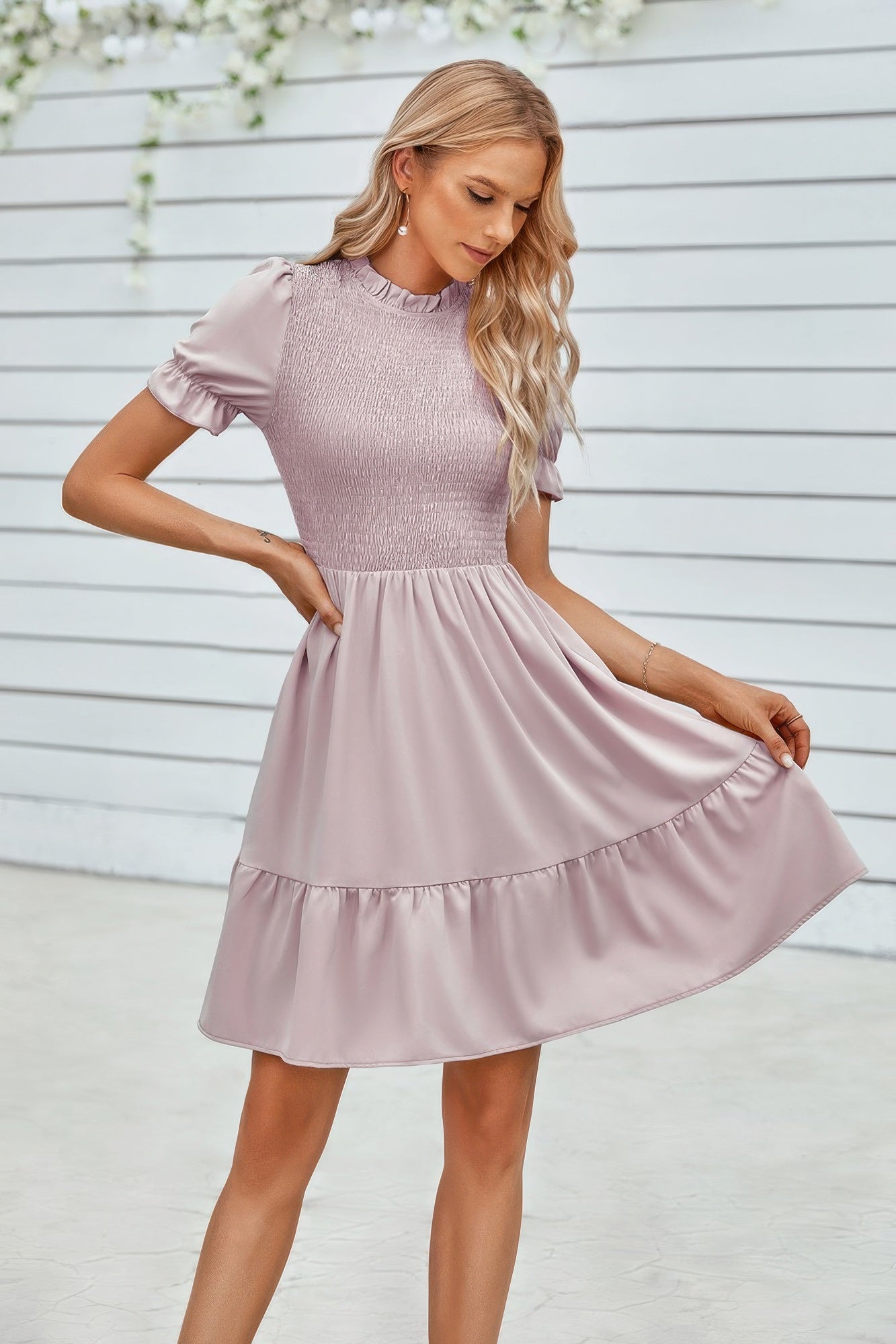 Solid Puff Sleeve Shirred Detail Ruffle Hem Dress - Tigbul's Variety Fashion Shop