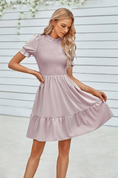 Solid Puff Sleeve Shirred Detail Ruffle Hem Dress - Tigbul's Variety Fashion Shop