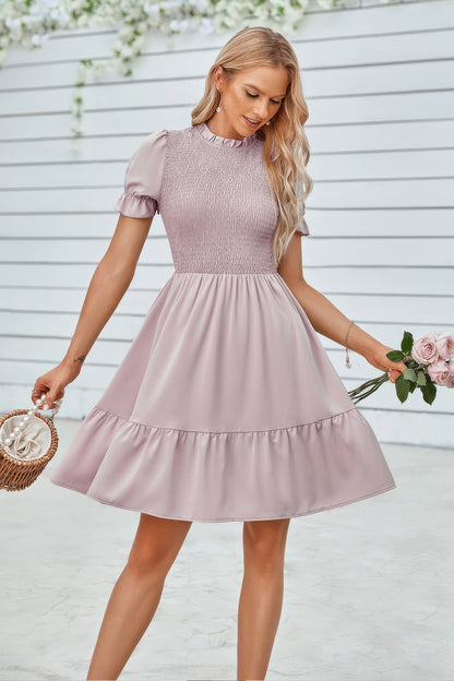 Solid Puff Sleeve Shirred Detail Ruffle Hem Dress - Tigbul's Variety Fashion Shop