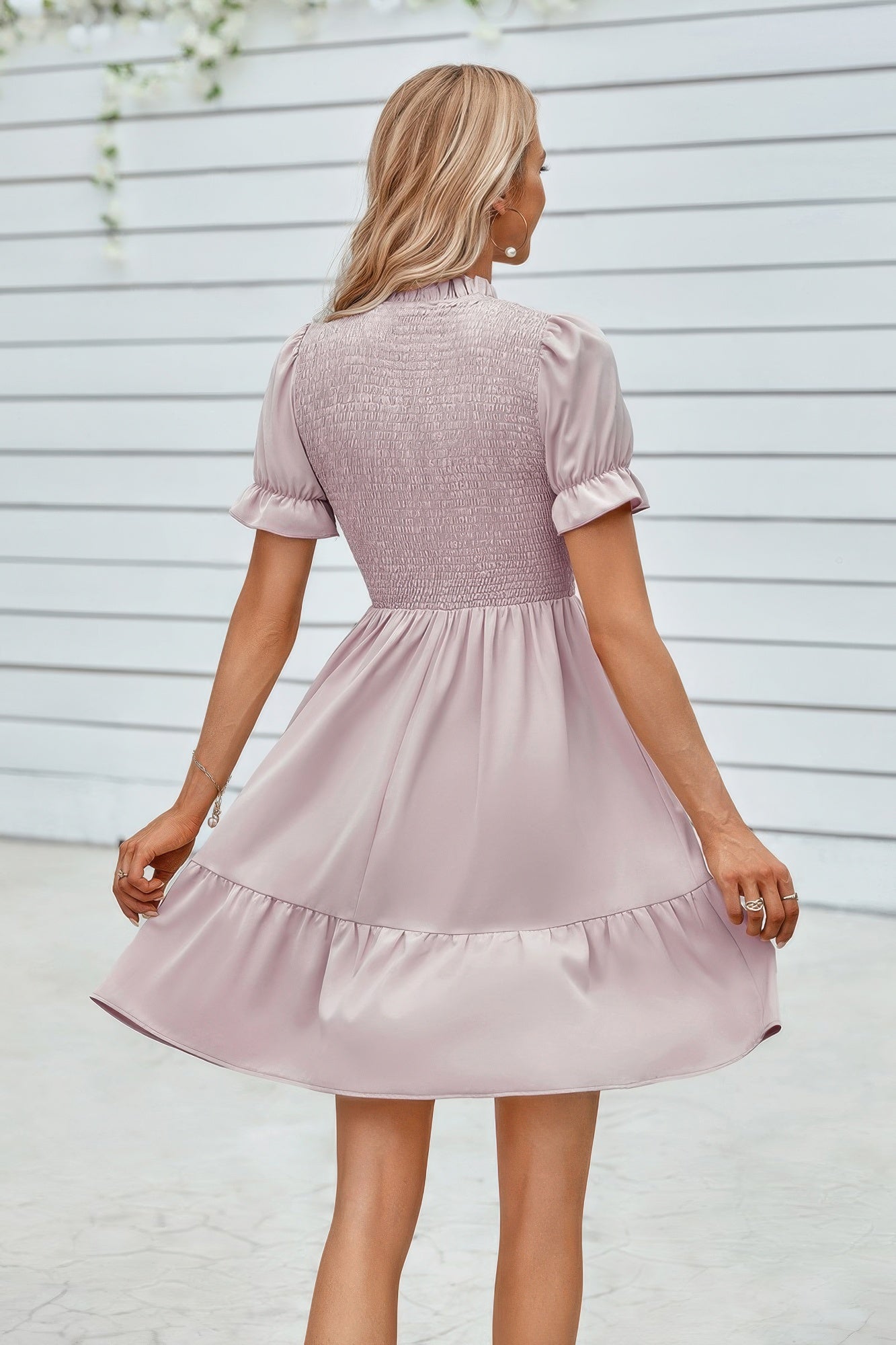Solid Puff Sleeve Shirred Detail Ruffle Hem Dress - Tigbul's Variety Fashion Shop