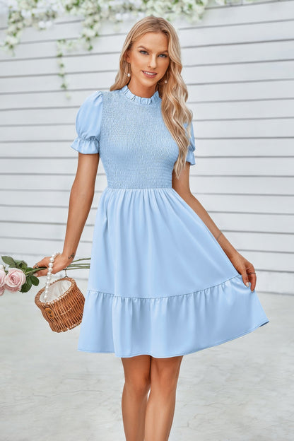 Solid Puff Sleeve Shirred Detail Ruffle Hem Dress - Tigbul's Variety Fashion Shop
