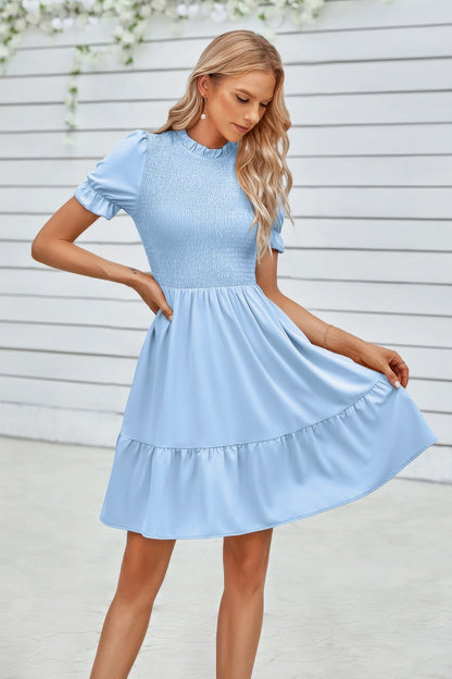 Solid Puff Sleeve Shirred Detail Ruffle Hem Dress - Tigbul's Variety Fashion Shop