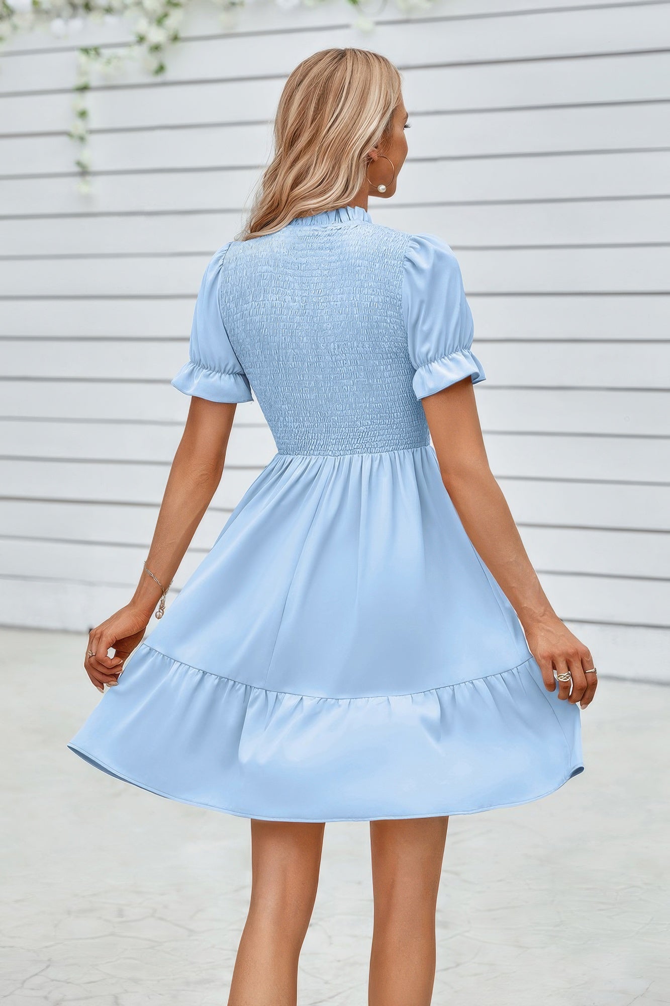 Solid Puff Sleeve Shirred Detail Ruffle Hem Dress - Tigbul's Variety Fashion Shop