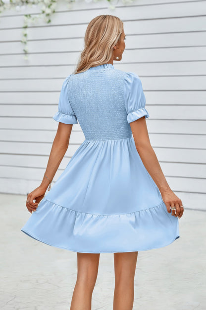 Solid Puff Sleeve Shirred Detail Ruffle Hem Dress - Tigbul's Variety Fashion Shop