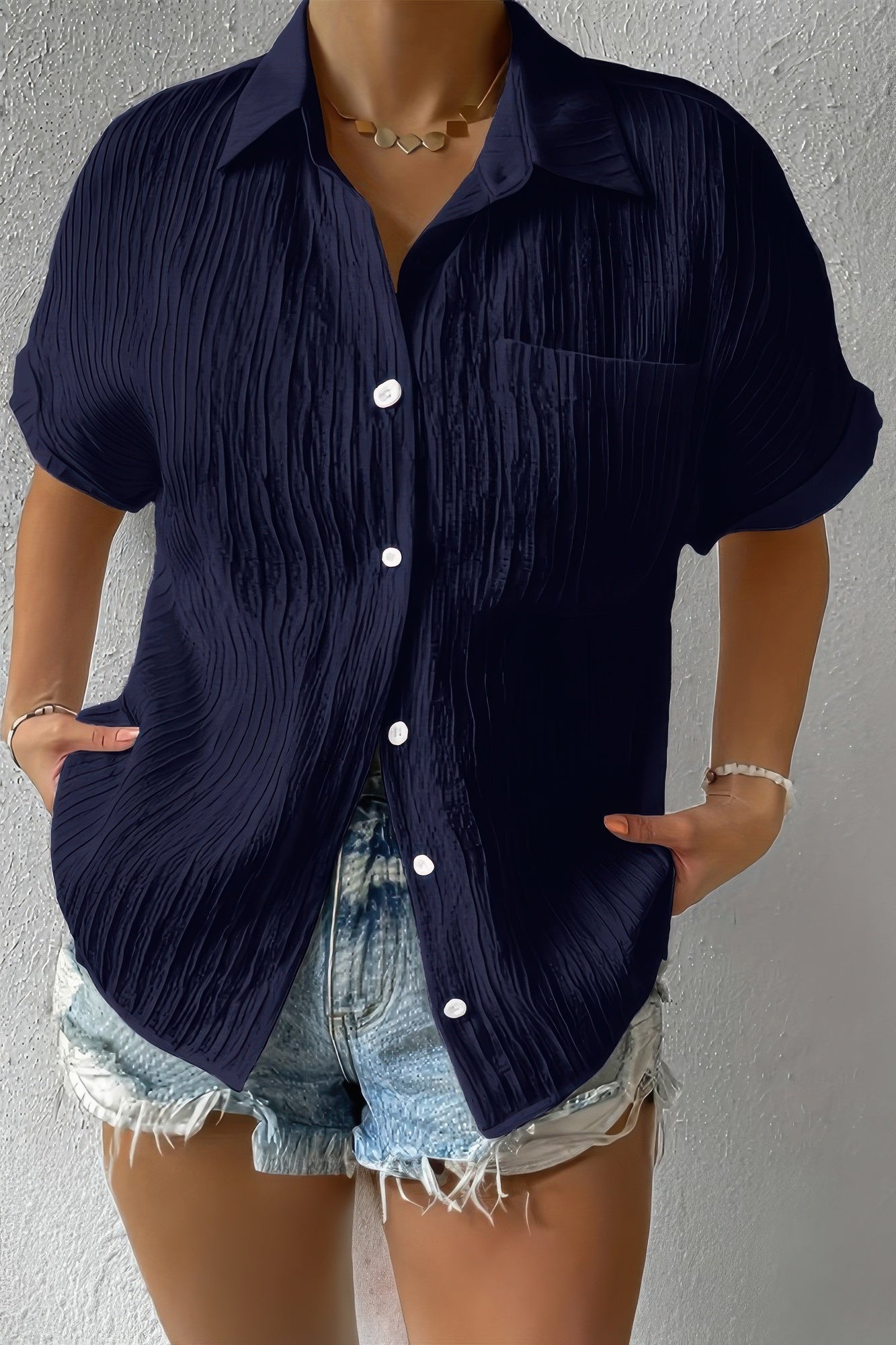 Button Down Lapel Pockets Loose Solid Shirt - Tigbul's Variety Fashion Shop