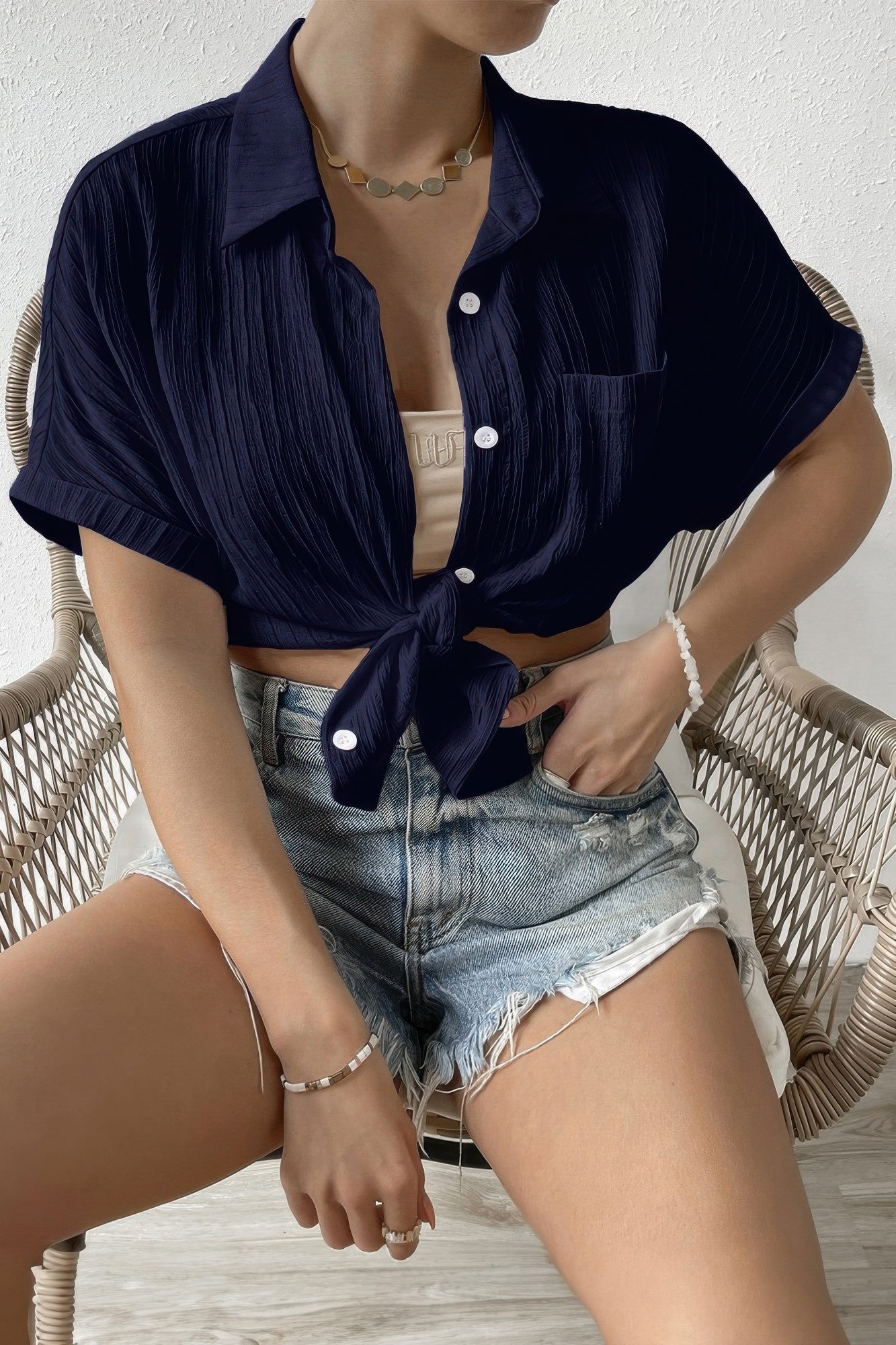 Button Down Lapel Pockets Loose Solid Shirt - Tigbul's Variety Fashion Shop
