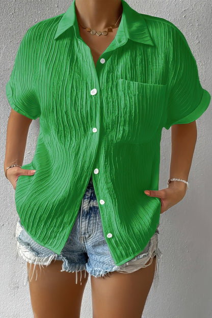 Button Down Lapel Pockets Loose Solid Shirt - Tigbul's Variety Fashion Shop