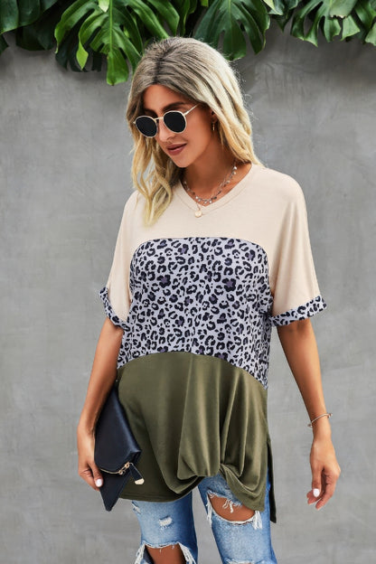 Crew Neck Color Block Animal Print Top - Tigbul's Variety Fashion Shop