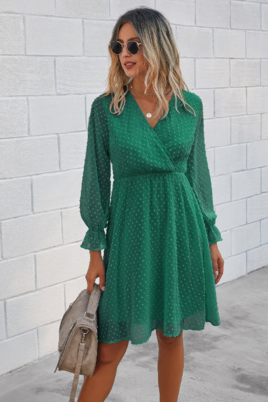 Solid Swiss Dot Flounce Sleeve Shirred Midi Dress - Tigbul's Variety Fashion Shop