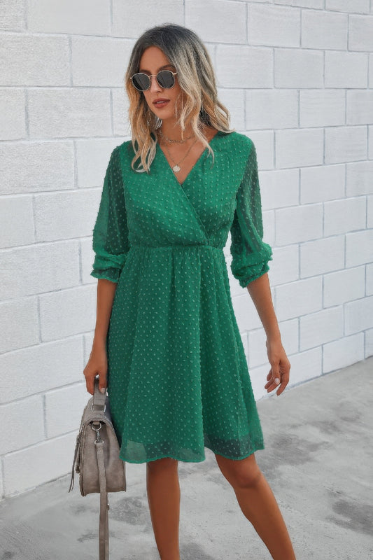 Solid Swiss Dot Flounce Sleeve Shirred Midi Dress - Tigbul's Variety Fashion Shop