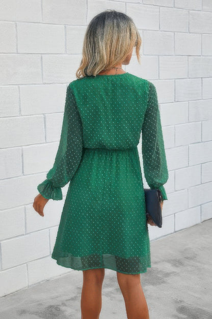 Solid Swiss Dot Flounce Sleeve Shirred Midi Dress - Tigbul's Variety Fashion Shop