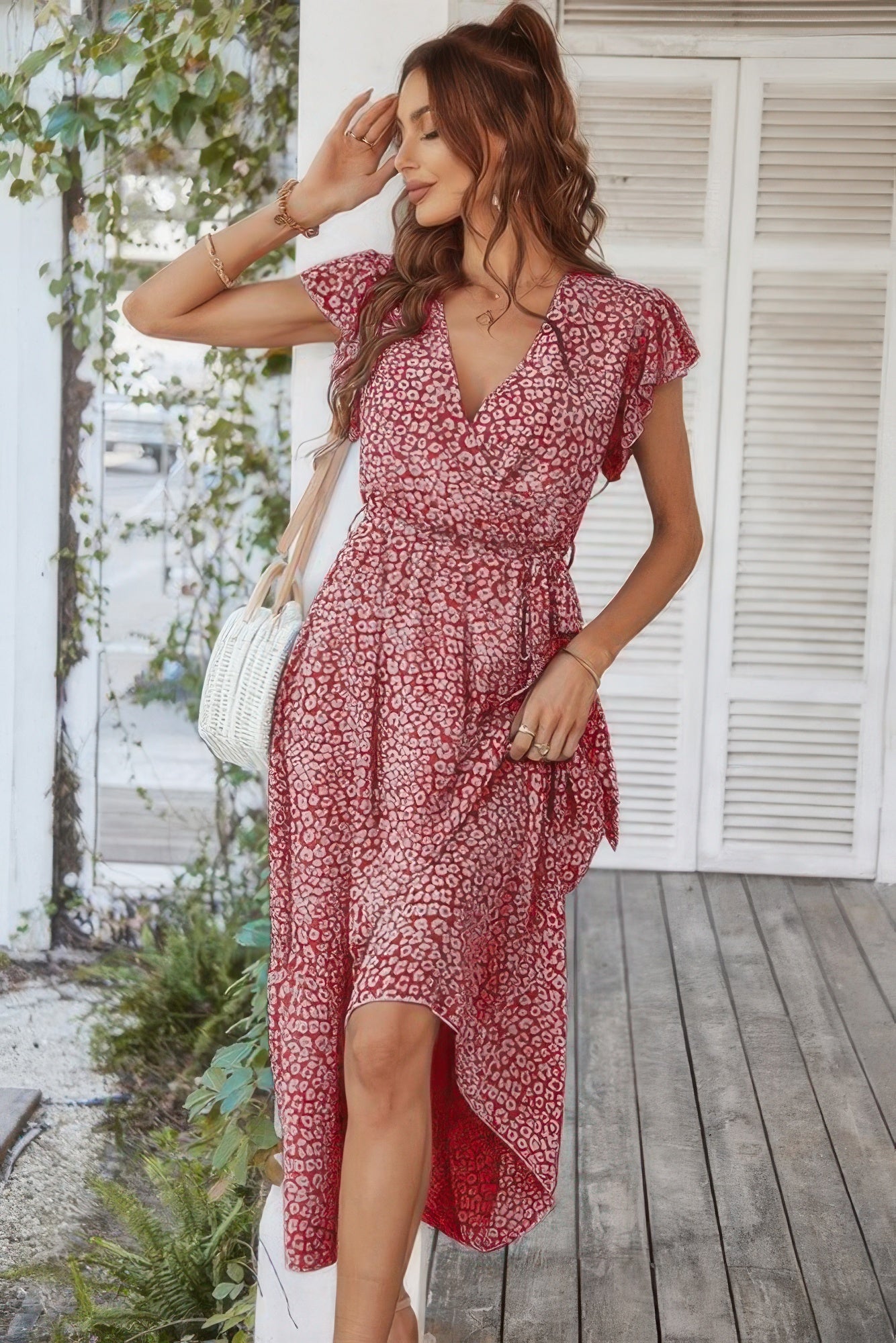 Floral V Neck Ruffle Short Sleeve High Waist Dress - Tigbul's Variety Fashion Shop