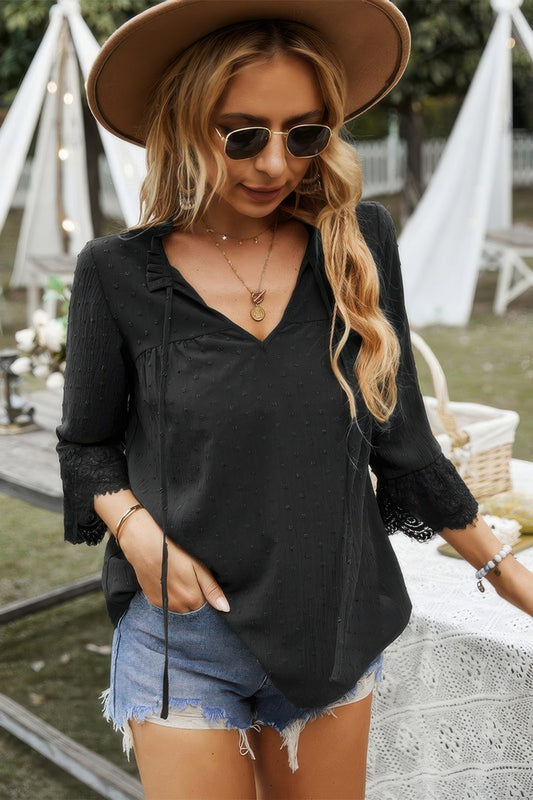 Swiss Dot Lace Splicing Sleeve V Neck Blouse - Tigbul's Variety Fashion Shop