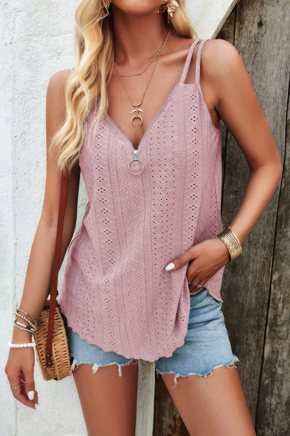 V Neck Eyelet Trim Spaghetti Strap Sleeveless Top - Tigbul's Variety Fashion Shop