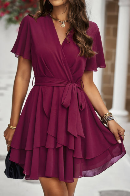 Chiffon Layer Hem Waist Tie Layer Hem Ruffle Dress - Tigbul's Variety Fashion Shop