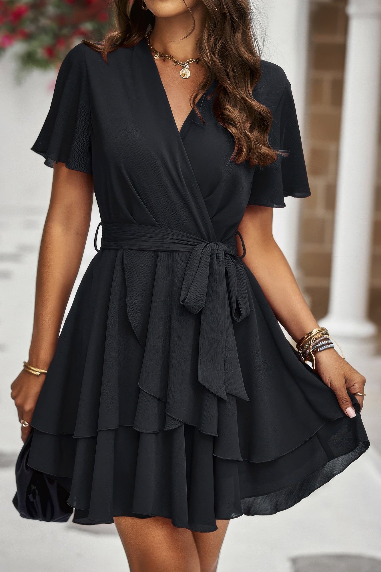 Chiffon Layer Hem Waist Tie Layer Hem Ruffle Dress - Tigbul's Variety Fashion Shop