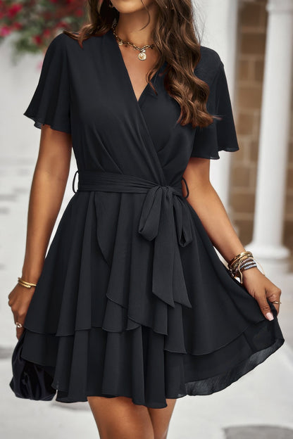 Chiffon Layer Hem Waist Tie Layer Hem Ruffle Dress - Tigbul's Variety Fashion Shop
