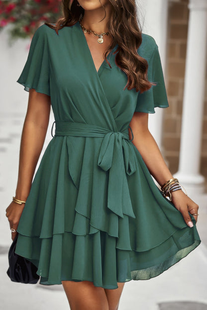 Chiffon Layer Hem Waist Tie Layer Hem Ruffle Dress - Tigbul's Variety Fashion Shop