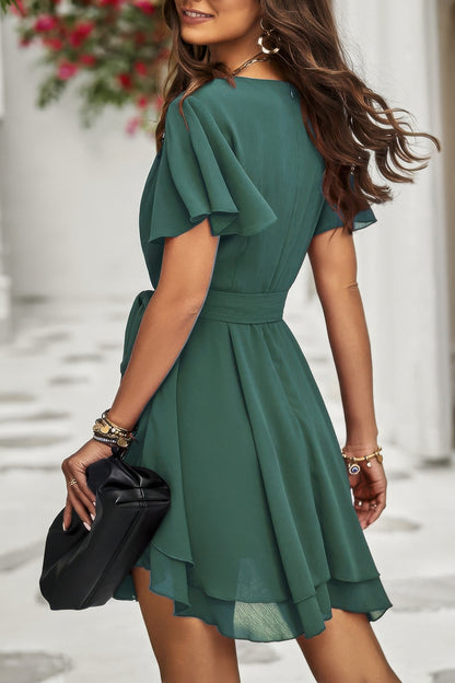 Chiffon Layer Hem Waist Tie Layer Hem Ruffle Dress - Tigbul's Variety Fashion Shop