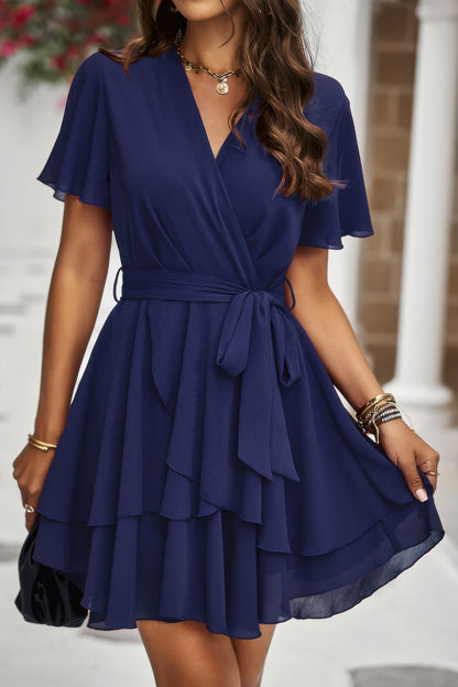 Chiffon Layer Hem Waist Tie Layer Hem Ruffle Dress - Tigbul's Variety Fashion Shop