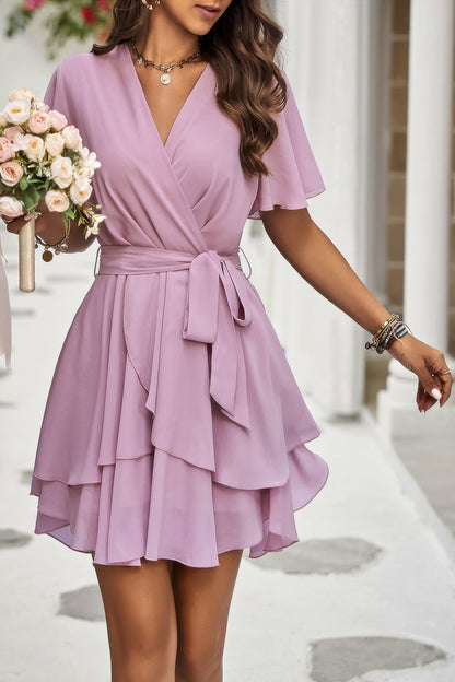 Chiffon Layer Hem Waist Tie Layer Hem Ruffle Dress - Tigbul's Variety Fashion Shop