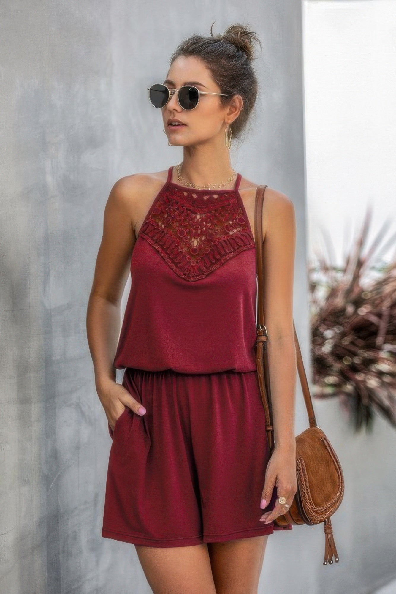 Solid Halter Lace Sleeveless Patchwork Romper - Tigbul's Variety Fashion Shop