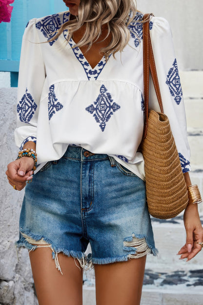 Printed T Shirt V Neck Loose Puff Sleeves Shirts - Tigbul's Variety Fashion Shop