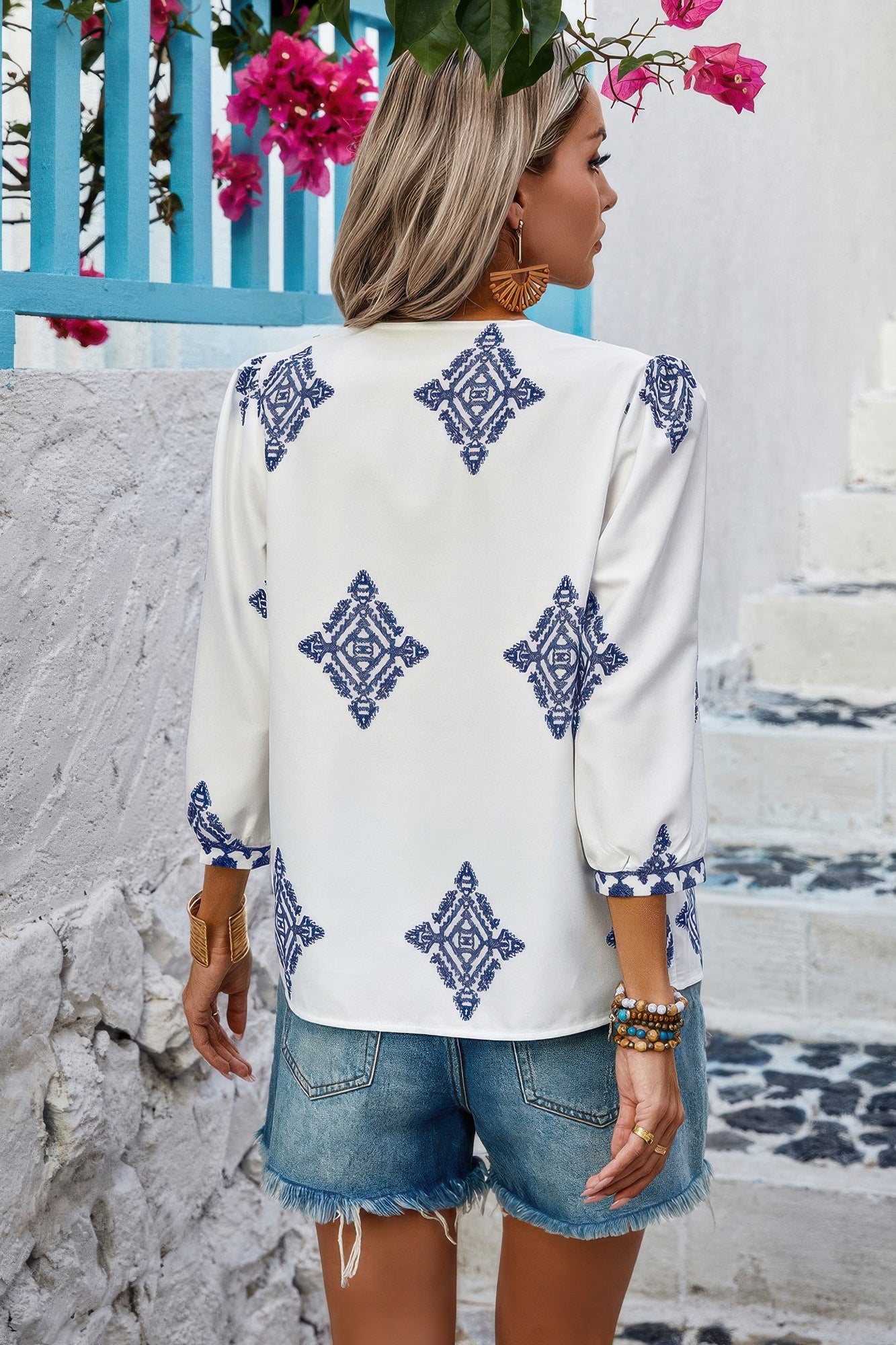 Printed T Shirt V Neck Loose Puff Sleeves Shirts - Tigbul's Variety Fashion Shop