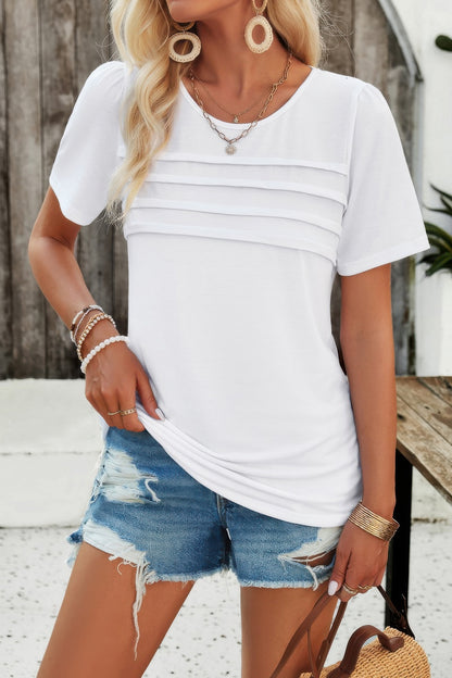 Crew Neck Short Sleeve Pleated Elegant Tee T Shirt - Tigbul's Variety Fashion Shop