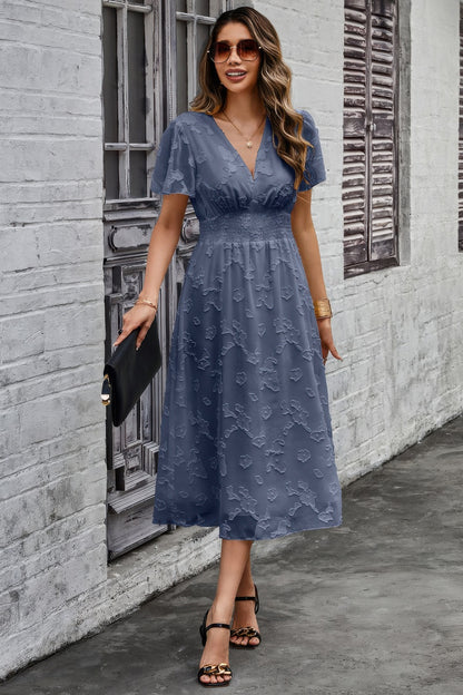 Deep V Ruched Elastic Belt Smocked Midi Dress - Tigbul's Variety Fashion Shop