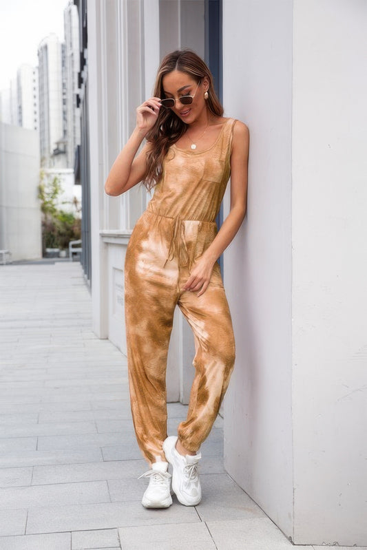 Tie Dye Sleeveless Elastic Wasit Pocket Jumpsuit - Tigbul's Variety Fashion Shop