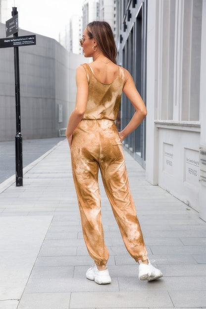 Tie Dye Sleeveless Elastic Wasit Pocket Jumpsuit - Tigbul's Variety Fashion Shop