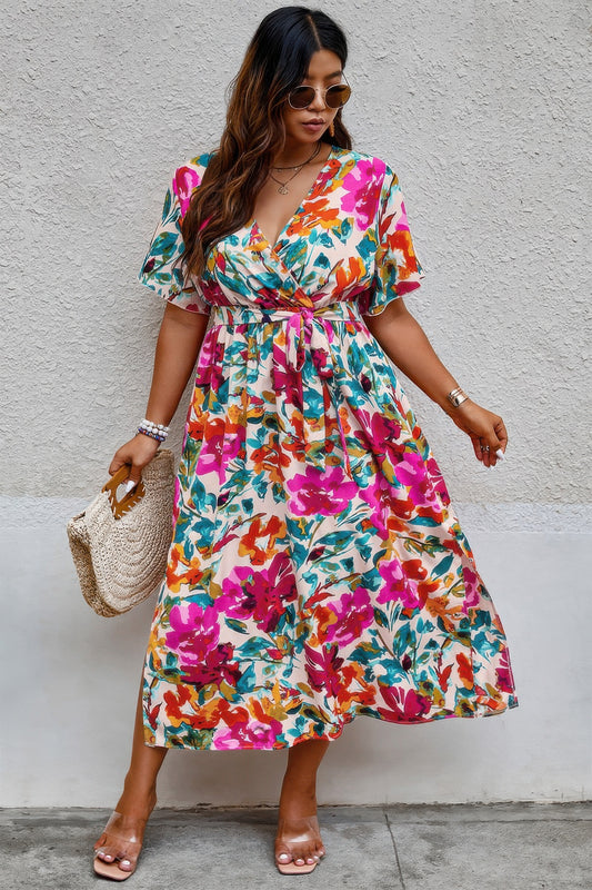 Plus Size Floral Print Cross Belt Fit Dress - Tigbul's Variety Fashion Shop