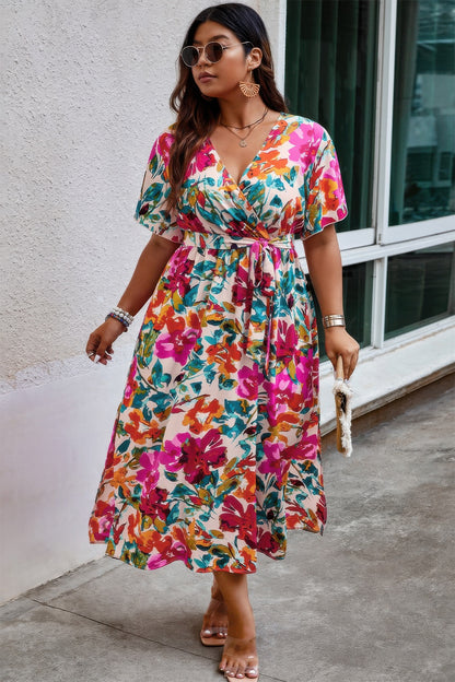 Plus Size Floral Print Cross Belt Fit Dress - Tigbul's Variety Fashion Shop