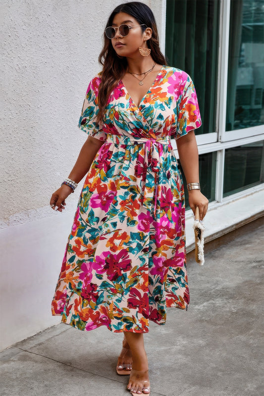 Plus Size Floral Print Cross Belt Fit Dress - Tigbul's Variety Fashion Shop