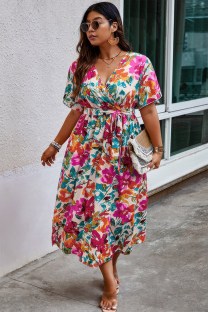 Plus Size Floral Print Cross Belt Fit Dress - Tigbul's Variety Fashion Shop