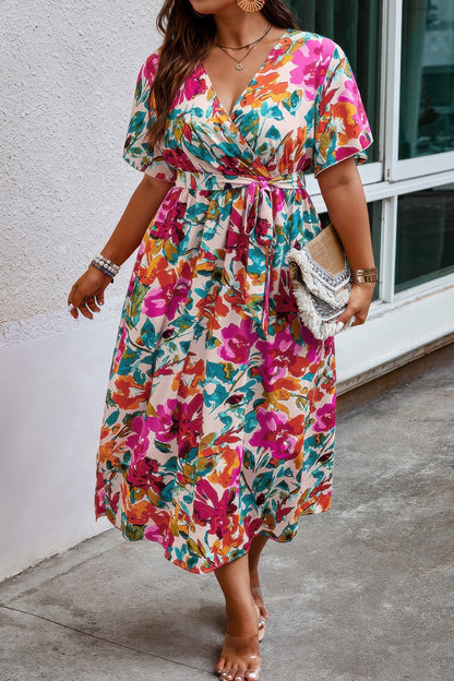 Plus Size Floral Print Cross Belt Fit Dress - Tigbul's Variety Fashion Shop