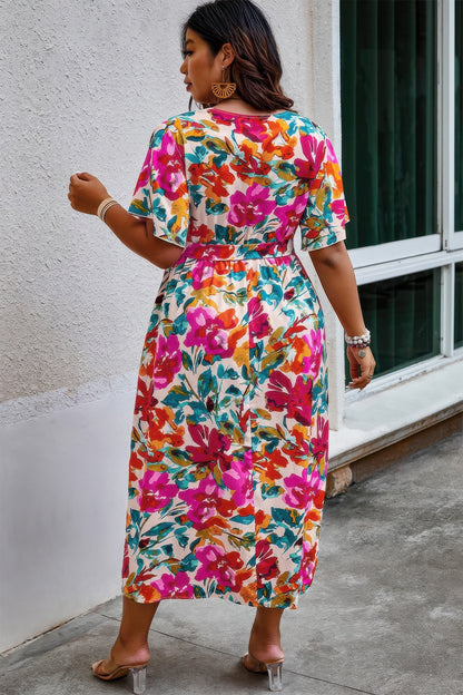Plus Size Floral Print Cross Belt Fit Dress - Tigbul's Variety Fashion Shop