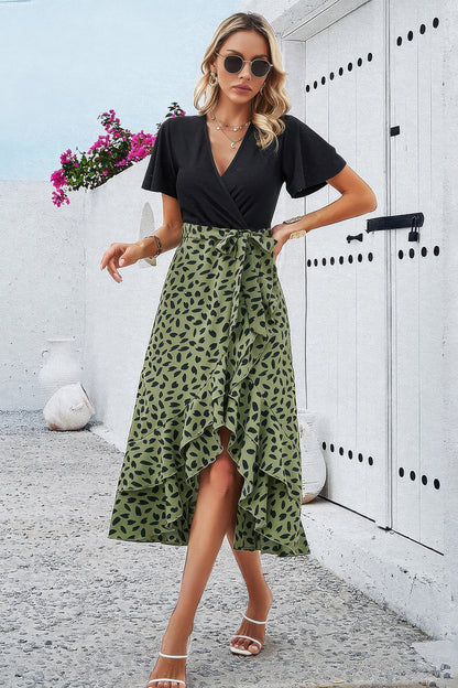 Cross Color Block Lace V Neck Belt Print Dress - Tigbul's Variety Fashion Shop