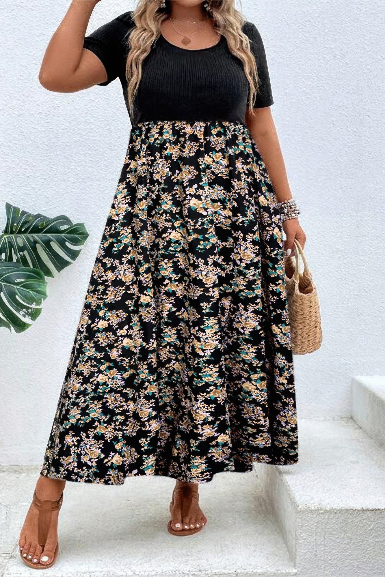 Plus Floral Print Elastic Fit High Waist Dress - Tigbul's Variety Fashion Shop