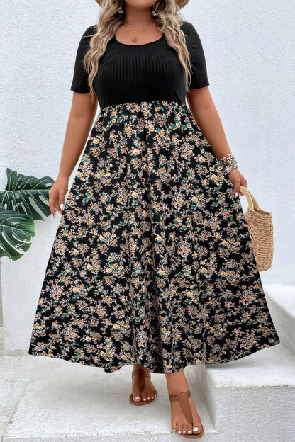 Plus Floral Print Elastic Fit High Waist Dress - Tigbul's Variety Fashion Shop