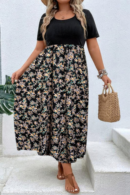 Plus Floral Print Elastic Fit High Waist Dress - Tigbul's Variety Fashion Shop