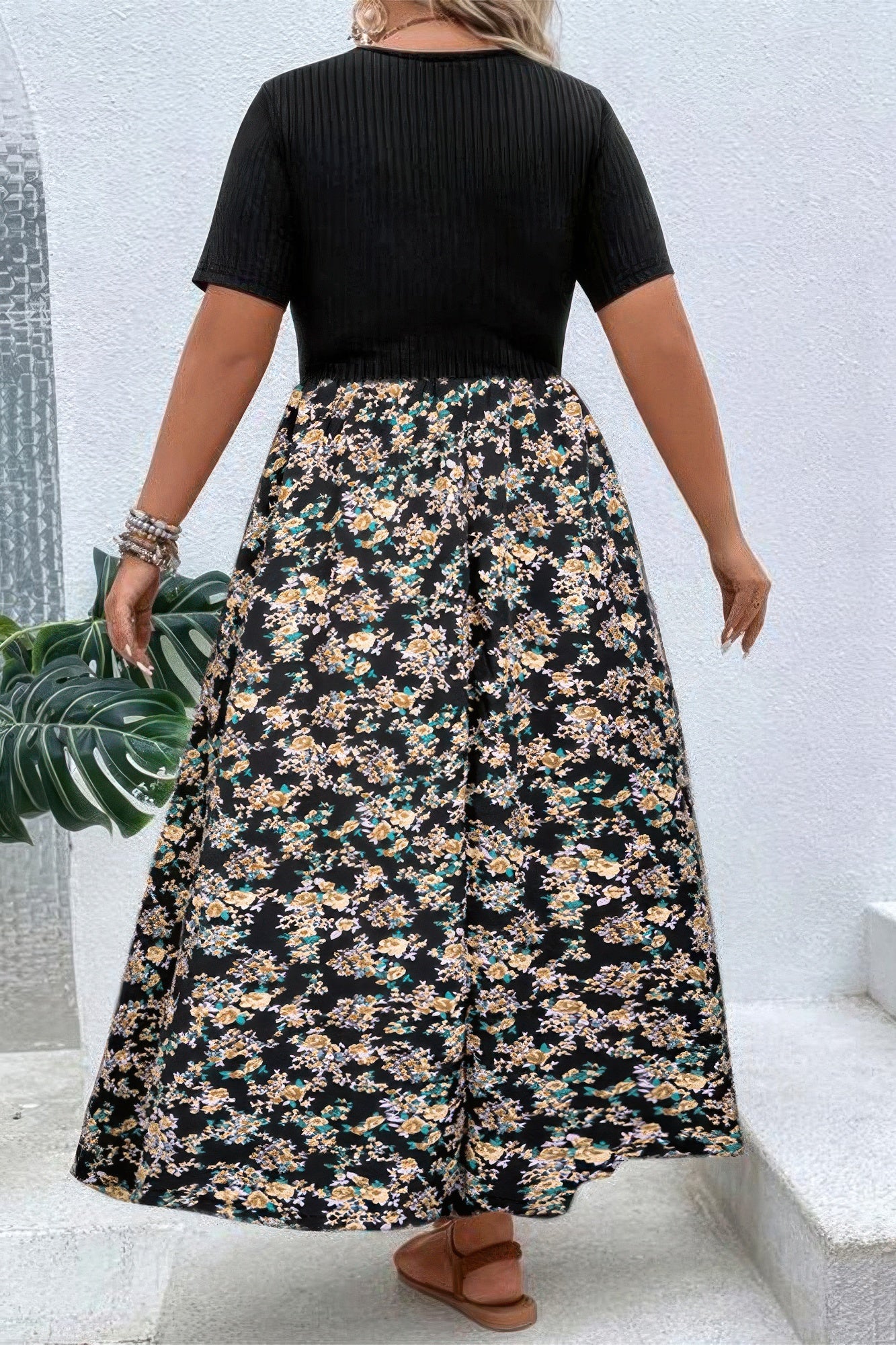Plus Floral Print Elastic Fit High Waist Dress - Tigbul's Variety Fashion Shop