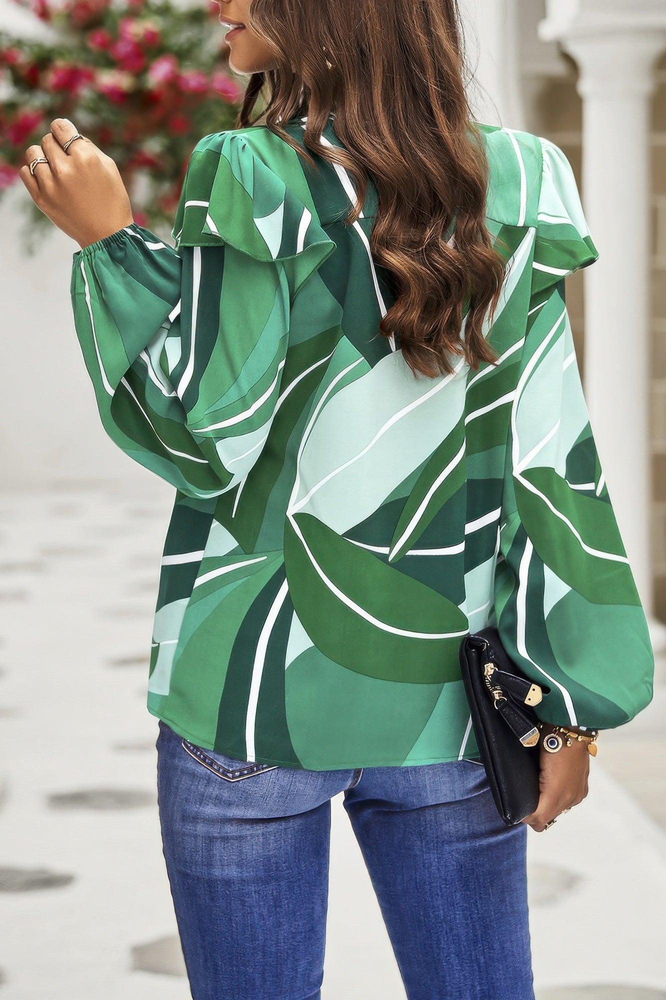 Floral V Neck Button Ruffle Long Sleeve Top - Tigbul's Variety Fashion Shop