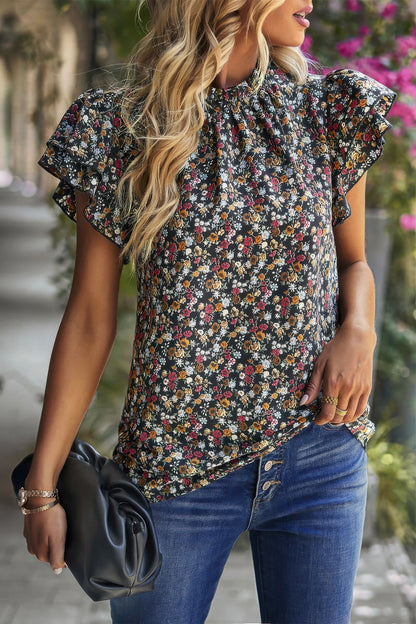 Floral Mock Neck Ruffle Short Sleeve Shirt - Tigbul's Variety Fashion Shop