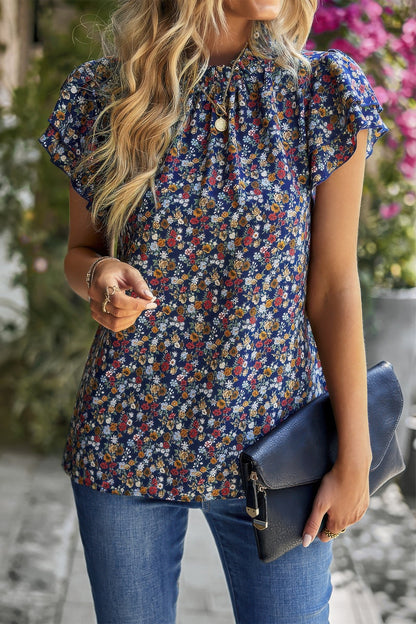 Floral Mock Neck Ruffle Short Sleeve Shirt - Tigbul's Variety Fashion Shop