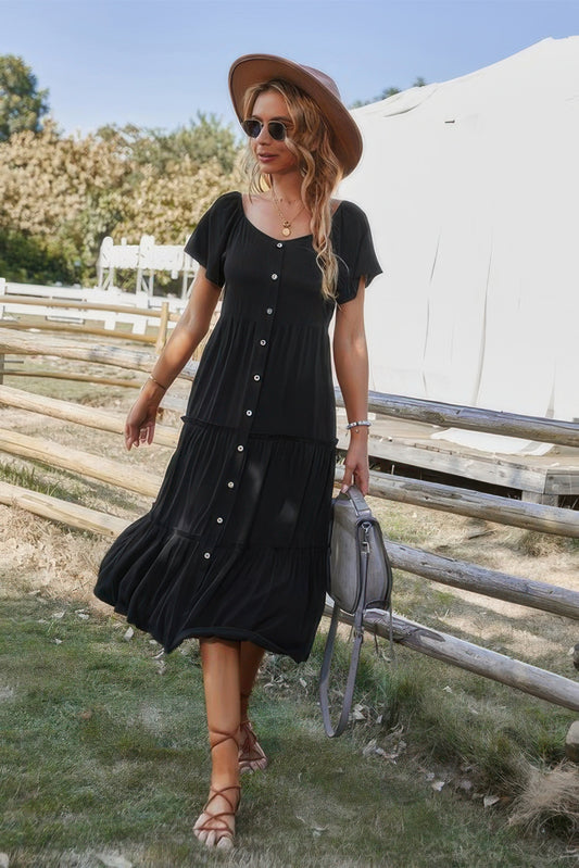 Button V Neck Tiered Short Sleeve Midi Dress - Tigbul's Variety Fashion Shop
