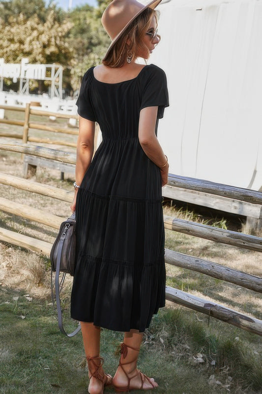 Button V Neck Tiered Short Sleeve Midi Dress - Tigbul's Variety Fashion Shop