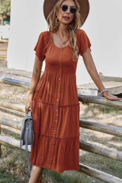 Button V Neck Tiered Short Sleeve Midi Dress - Tigbul's Variety Fashion Shop